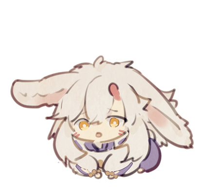 a digital illustration of a cute chibi character with rabbit ears. the character is white and fluffy, with soft pink cheeks and yellow eyes. they are wearing a purple garment and look sad and dejected. the background is white, and the drawing style is soft and sweet.