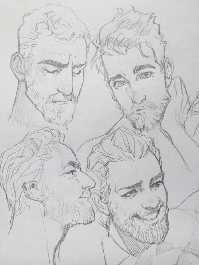 the image is a pencil drawing featuring four different sketches of male faces with beards, each with a distinct expression and angle. the sketches appear to be studies or portraits, showcasing different aspects of the subjects.