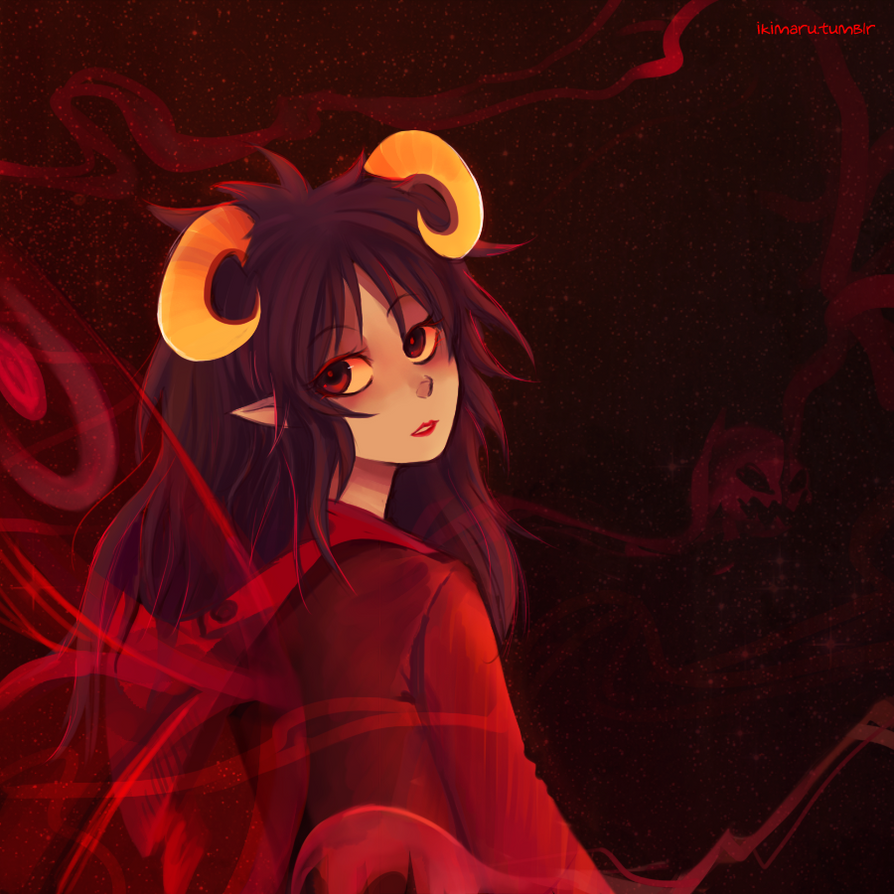 anime art featuring a girl with horns and red eyes in a red outfit, set against a dark background with red accents. she appears to have elven ears.