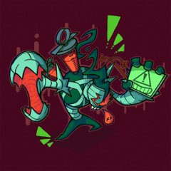 a stylized cartoon monster, bursting with energy, dominates the image. rendered in a vibrant green and red palette, the creature's form is a chaotic blend of sharp angles and exaggerated features. it sports a single visible eye, cyclopean in nature, with a jagged grin revealing sharp teeth. mechanical appendages, reminiscent of claws and blades, protrude from its body. the monster brandishes a syringe and a device resembling a hazard sign, further enhancing its menacing aura.