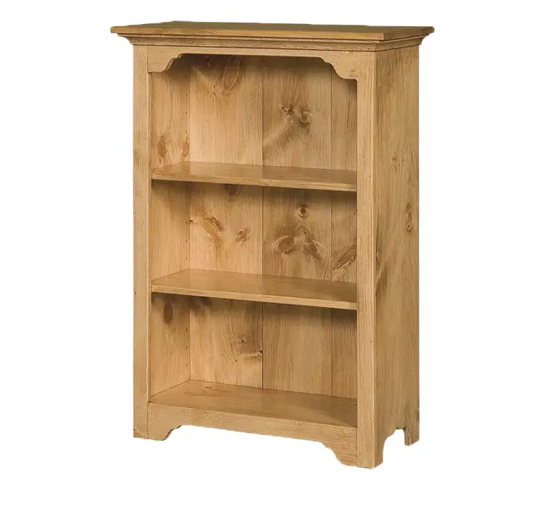 a simple wooden bookcase with three shelves, set against a white background. the bookcase is made of light brown wood with a natural finish. it has a traditional design with a flat top, a slightly arched opening at the front of each shelf, and a simple base. the shelves are empty, providing ample space for displaying books or other decorative items. the white background emphasizes the natural beauty of the wood and the clean lines of the bookcase.