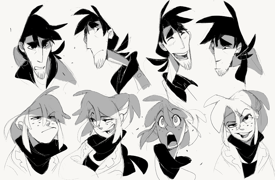 this is a digital drawing that shows 7 different character designs. the characters are drawn in anime style and each one is facing different directions. the drawing focuses on the character's face and their expression, which is a key part of character design. it's likely these are early sketches for the development of a character concept, as different poses and expressions are explored.