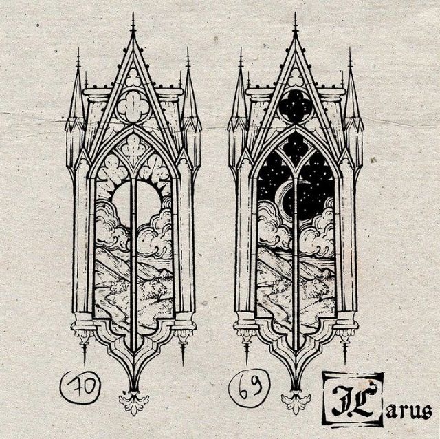 the image shows two gothicstyle window illustrations. the left window depicts a daytime scene with clouds and a landscape. the right window shows a night scene with the moon, stars, clouds, and a landscape. both are detailed drawings in a gothic style.