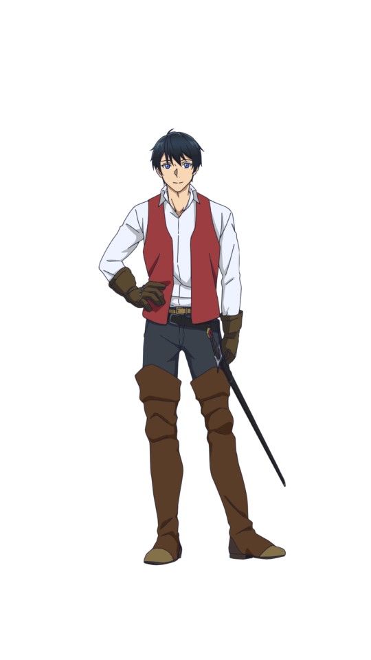 the image features a young male anime character with blue hair and brown eyes. he is wearing a white shirt, red vest, black pants, and brown boots. he is holding a sword in his right hand and standing with a slightly stoic expression on his face.