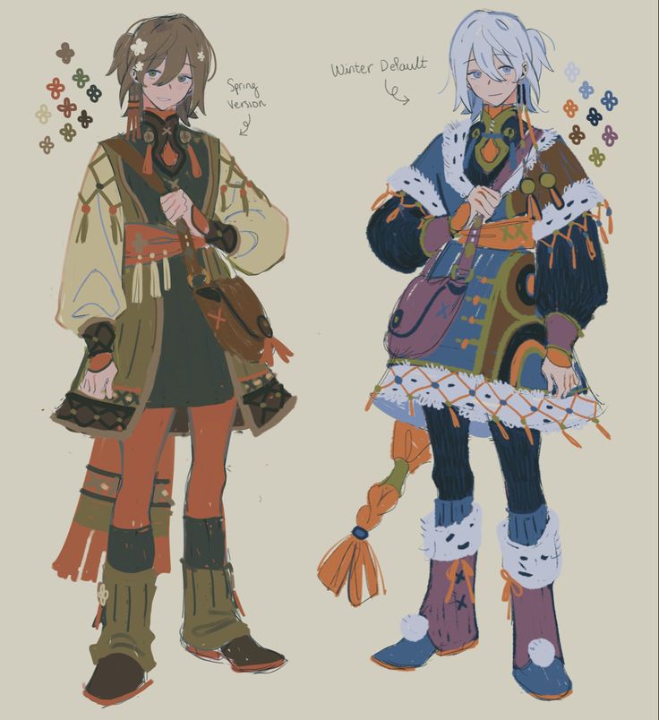 the image shows a concept art illustration featuring two female characters in different outfits.  one character is dressed in a spring outfit with warmer earth tones and lighter fabrics; the other character is in a winter outfit with darker colors and heavier fabrics that suggest a warmer style appropriate for colder weather. each outfit is detailed with various accessories and color palettes.  the image also includes color swatches for each character, indicating the color scheme used in their designs.  there are labels to indicate which design is the spring version and which is the winter version of the same character's default outfit. the art style is reminiscent of anime or manga, with a soft, painterly quality to the digital artwork.