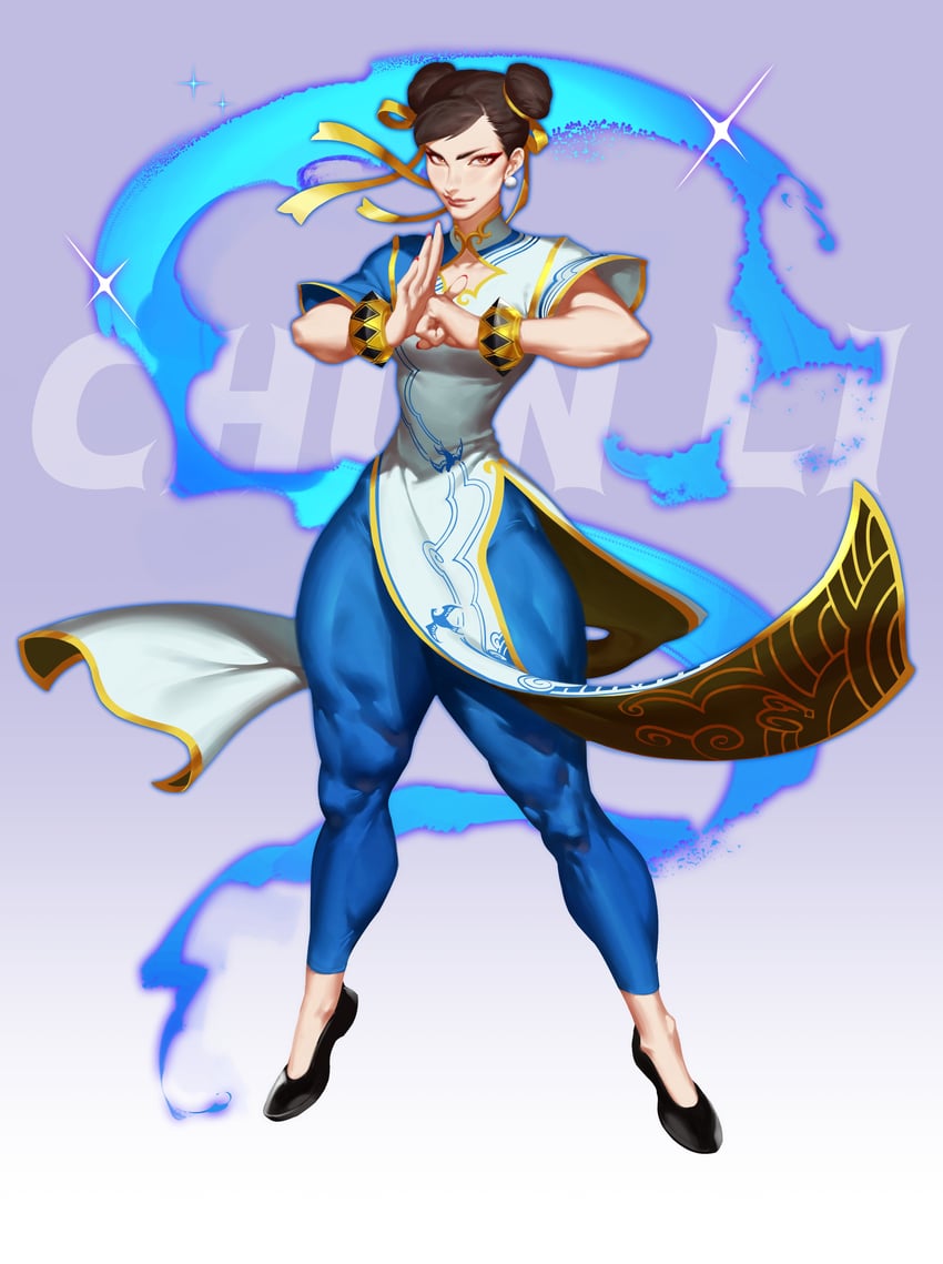 a stylized illustration of chunli, the iconic female character from the street fighter video game series. she is posed in her signature fighting stance, radiating confidence and power.