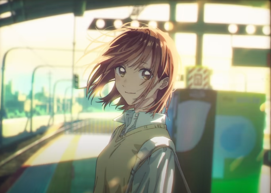the image showcases a vibrant and cheerful anime girl with short, brown hair. she is smiling and looking back over her shoulder, creating a sense of movement and dynamism. the setting appears to be a train station or a bustling street, bathed in bright sunlight. the girl is dressed in casual attire: a white shirt paired with a beige vest and a bag slung over her shoulder. the overall style is modern and colorful, blending elements of anime and manga aesthetics. the artwork is highly detailed, with a focus on the girl's expressive features and the ambiance of the setting. the image is a digital illustration, likely created for promotional materials, fan art, or to adorn a personal collection. the mood is optimistic and uplifting, capturing a moment of carefree joy and youthful energy.