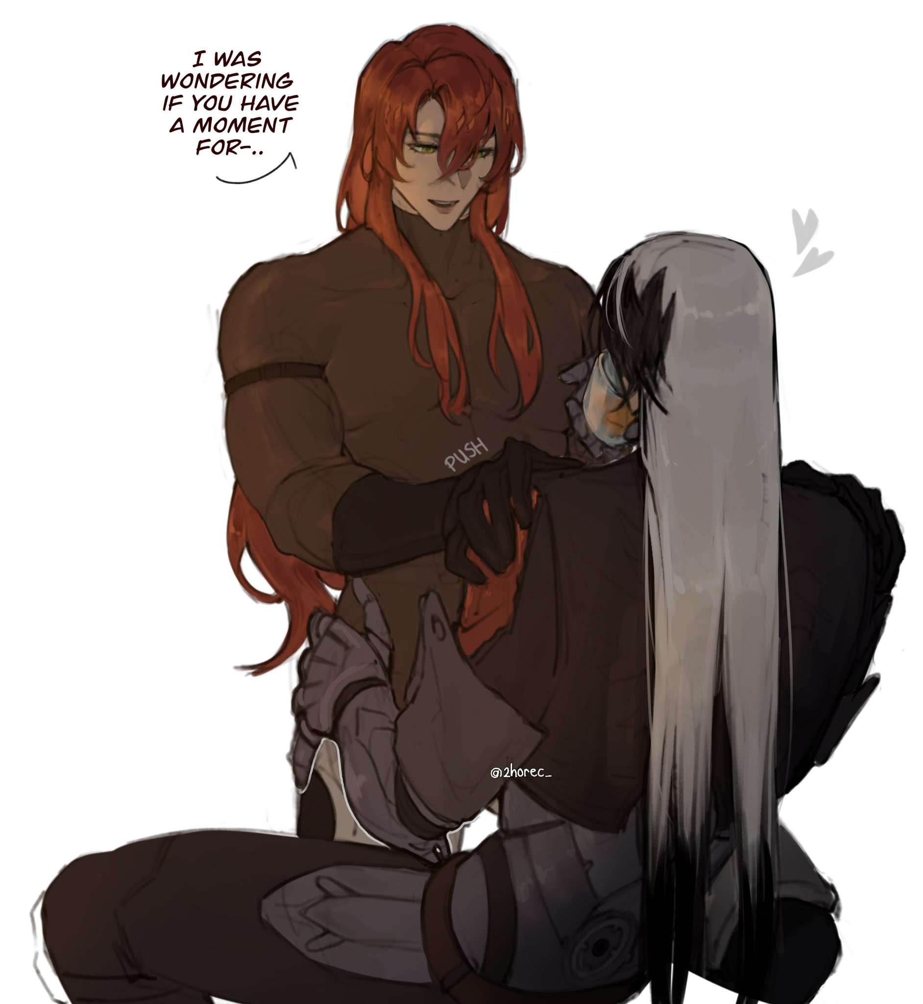 the digital fanart depicts a tender moment between two male characters. the character with long red hair is muscular and has a gentle expression while subtly pushing the other character closer. the other character with long white hair is sitting, seemingly receptive to the advances. the art style is reminiscent of anime or manga. the scene is intimate, with a suggestive undertone. the background is plain, drawing focus to the two figures. a speech bubble shows the redhaired character saying, "i was wondering if you have a moment for..."  the image is welllit and detailed, with smooth shading and blending of colours.
