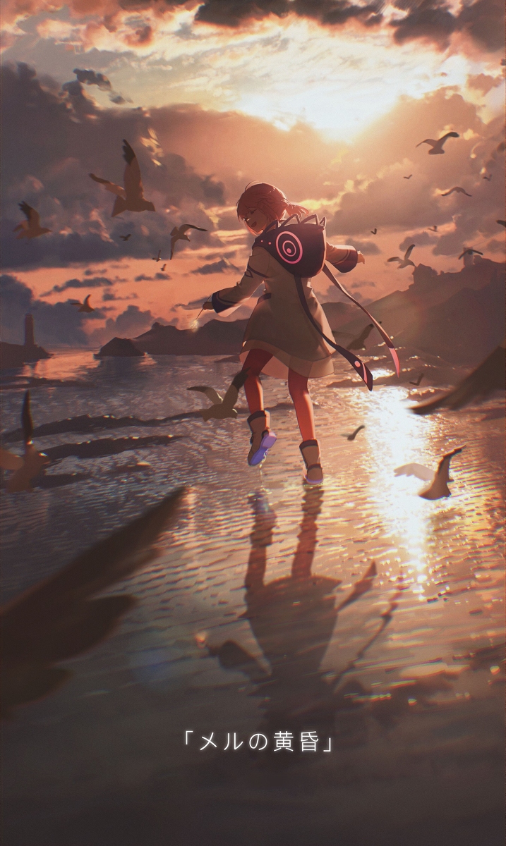 an anime girl is on a beach with seagulls around her. the sun is setting and it's creating a reflection in the water. she's wearing boots, a jacket, and a backpack. there's text at the bottom of the image and a lighthouse in the background.