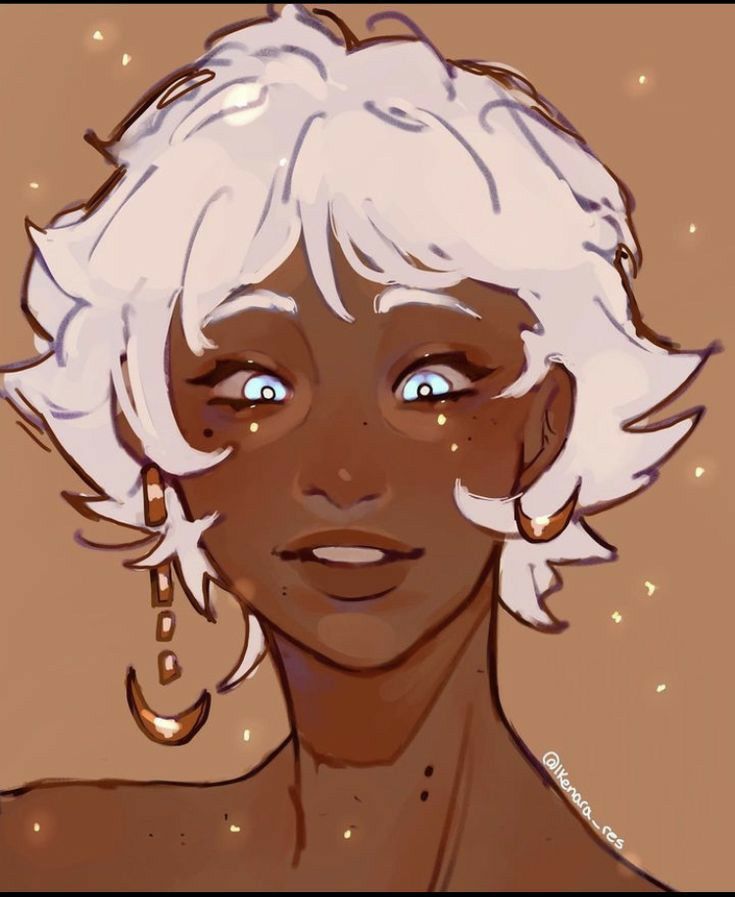 the image is a digital painting of a stylized female character. she has short, fluffy white hair and warm brown skin. her eyes are large and expressive, with a hint of sparkle.  she's wearing gold crescent moon earrings that dangle. the style is soft and dreamy with warm lighting that gives the skin a gentle glow, and tiny golden sparkles are scattered around her.  the overall aesthetic is whimsical and fantasyinspired.  the image is a closeup portrait, focusing on her face and upper body. the artist's tag, @likenara_res, is visible in the bottom right corner.