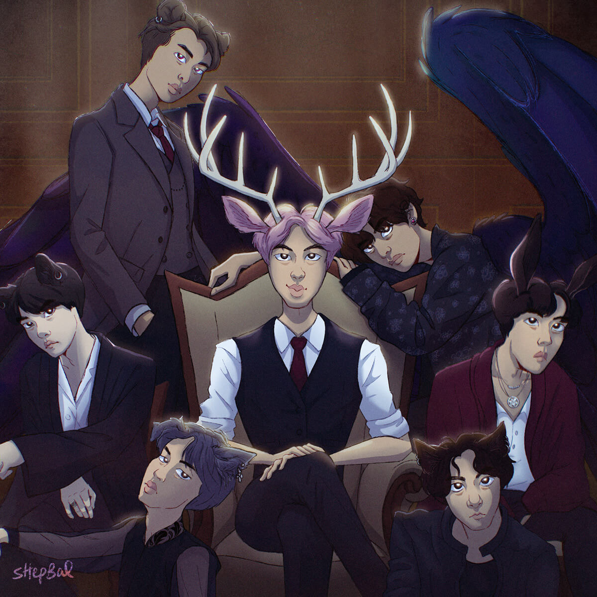 the image is a fan art illustration of the kpop group bts as fantasy creatures.  the seven members are posed in a darkly lit, elegant room reminiscent of a gothic throne room. each member has animalistic features, such as horns, antlers, or cat ears. the overall mood is dramatic and mysterious, highlighted by the spotlight effect on the central figure.