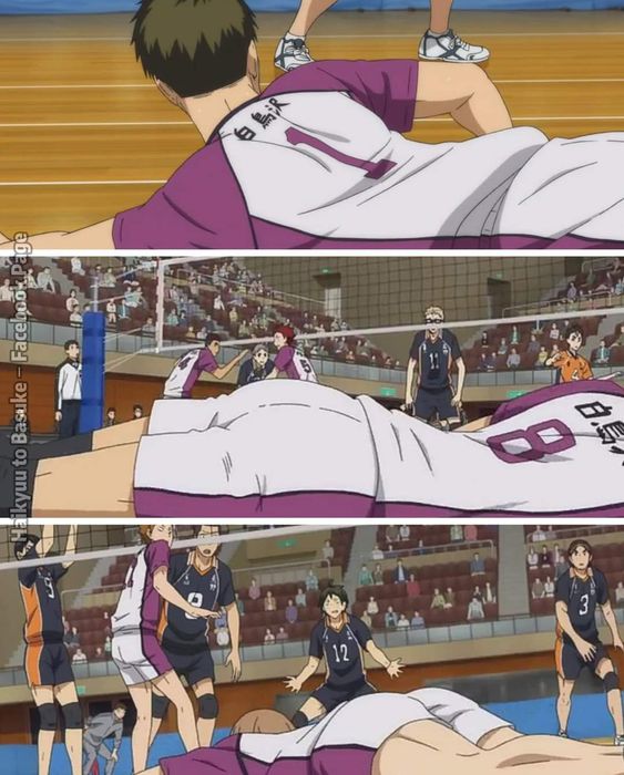 this image is a compilation of 3 scenes from the popular anime series, haikyuu. the scenes depict different moments of volleyball matches between karasuno and aoba johsai high schools. the first scene features karasuno's player on the ground after a block, with aoba johsai's players in the background. the second scene shows karasuno's ace, hinata, going for a spike while being blocked by aoba johsai's ace,  oikawa. the third scene showcases karasuno's setter, kageyama,  getting ready to set the ball to his spiker.  these scenes are presented in a dynamic and energetic way, reflecting the intense competition and athleticism of the sport. the vibrant colors, sharp lines, and expressive characters capture the essence of the anime and its exciting storyline.
