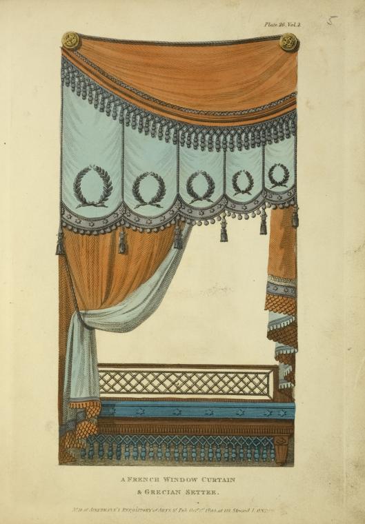 the image shows an illustration of a "french window curtain & grecian settee." the curtain is elaborate with a heavy top drape, a light blue middle section with laurel wreaths, and tassels. it's draped to the side to reveal part of a grecian settee with a lattice back.