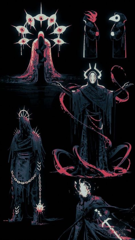 this image showcases six distinct character designs seemingly inspired by dark fantasy themes. each figure is cloaked in dark, flowing robes and adorned with various eerie features. some bear menacing masks, others possess glowing eyes or horns, and one even brandishes a flaming weapon. the art style is reminiscent of concept art, with loose brushstrokes and dramatic lighting enhancing the overall sense of mystery and intrigue.