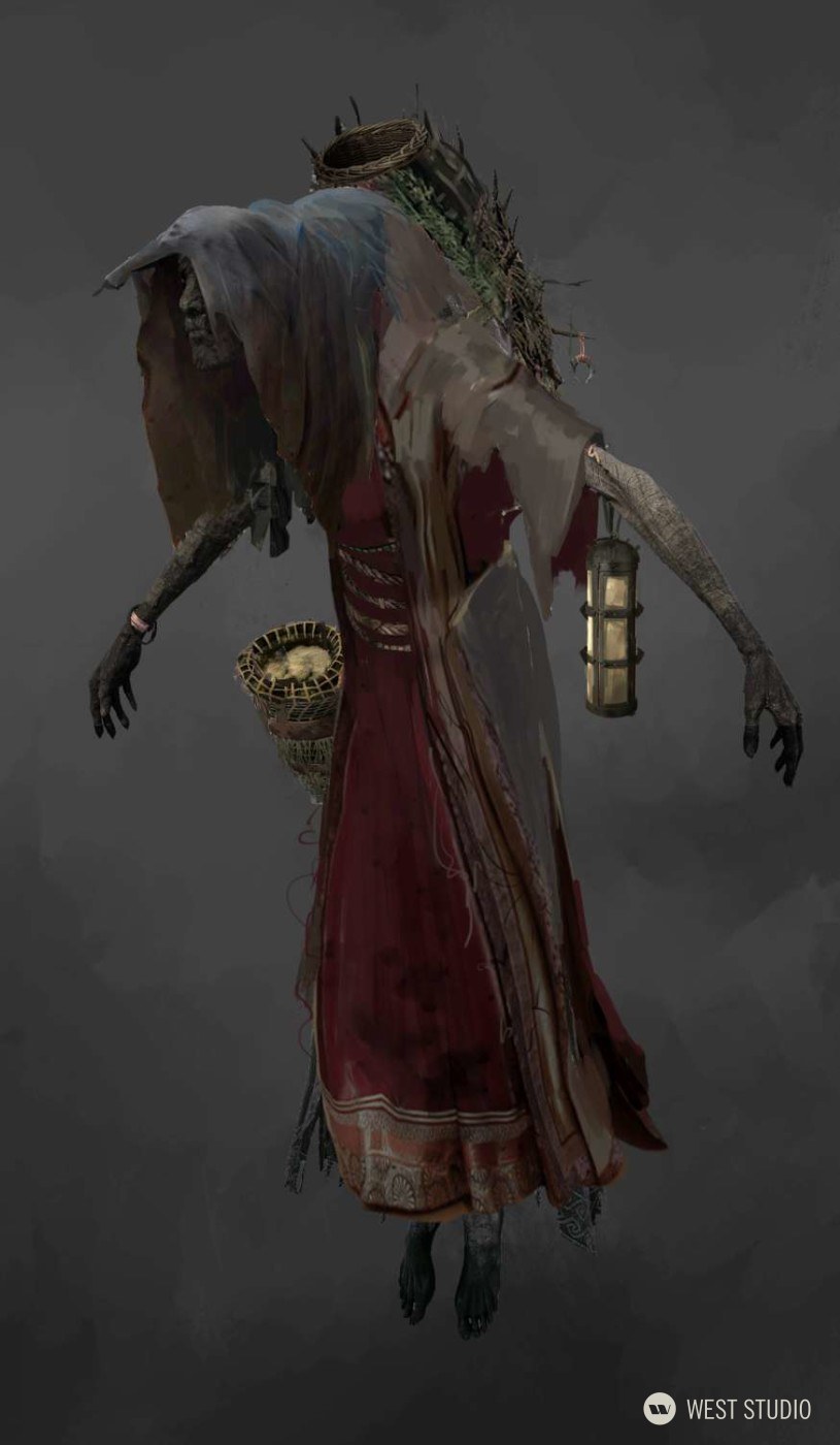 a digital painting of a haggard, skeletal figure with long, gray hair and tattered clothing. they wear a long, flowing red dress and a dark hooded cloak. the figure holds a basket in one hand and a lantern in the other. their face is obscured by shadow. the background is a plain, neutral gray. the figure appears to be floating or hovering slightly above the ground.