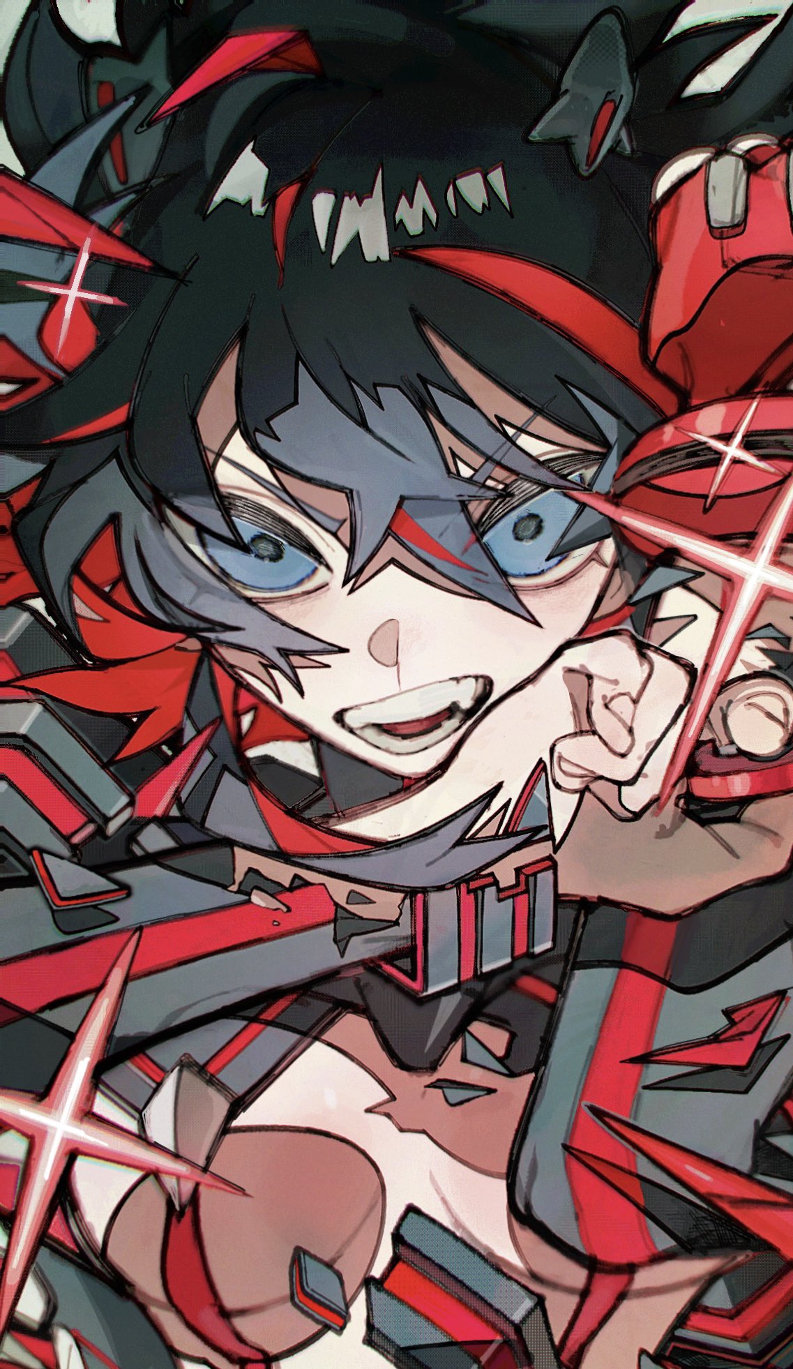 a closeup of an anime girl with black hair and red eyes, wearing a red and black suit with various gear and weapons. her mouth is open and her teeth are bared, as if she is about to attack. the background is a blur of red and black lines and shapes, creating a sense of motion and energy. the image is full of dynamic poses and expressions, giving the viewer a sense of power and confidence.