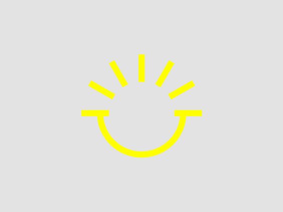 a yellow minimalist icon of a smiling face formed by a semicircle and stylized sun rays on a light gray background.