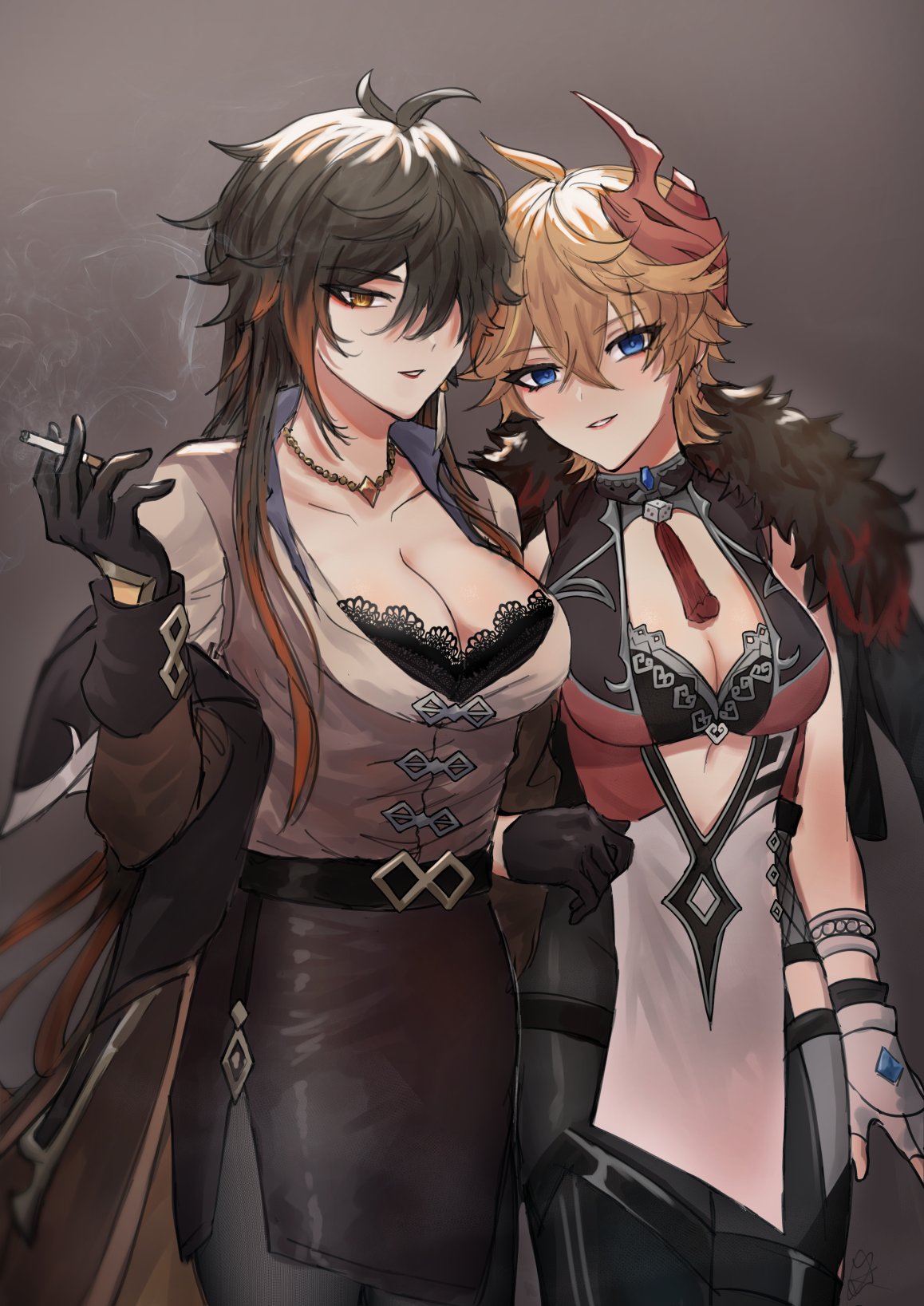 the image features two female anime characters standing side by side. the one on the left has long black hair and is wearing a brown leather jacket, a black top with a lace overlay, and a dark brown skirt. she has red eyes and is holding a cigarette. the one on the right has blonde hair and is wearing a black top with a red and white overlay, and a black and white skirt. she has blue eyes and a red tie. both characters are wearing black gloves. they are looking at the viewer with a slightly smug expression.