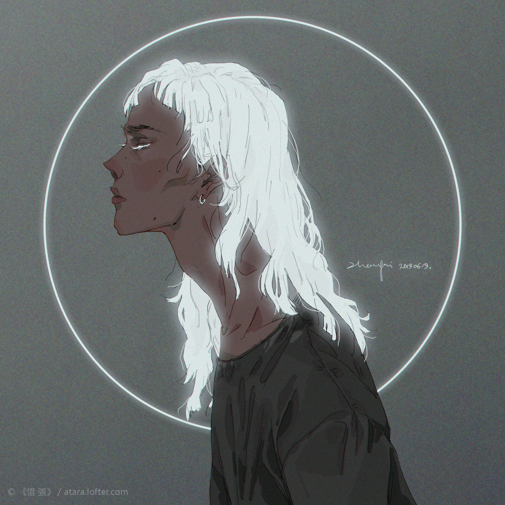 a digital illustration of a sad looking anime girl with long white hair. she is wearing a black shirt and is surrounded by a grey circle background.  she is looking down at her right side. the artist's signature is in the top right corner.