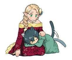 the image is a digital drawing or artwork in an anime/manga style. it depicts a young blonde elf woman, dressed in a richly detailed red dress, gently embracing a smaller child with blue hair who appears to be a catperson hybrid.  the child is wearing a teal or green dress and has cat ears.  the woman has a regal and caring expression, and the child appears to be nestled contentedly in her arms. the style is soft and cute.
