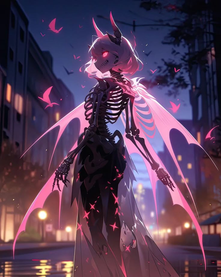 the image features an animestyle character, a skeleton demon with horns and mothlike wings, standing in a city street at night. the character has a skeletal body with glowing pink accents and details, including wings and a pattern on their clothing. the city backdrop is blurred, with buildings and streetlights creating an eerie atmosphere. pink, batlike creatures also float in the background adding to the supernatural feel. the overall style is gothic and mysterious, combining elements of anime, fantasy, and horror.