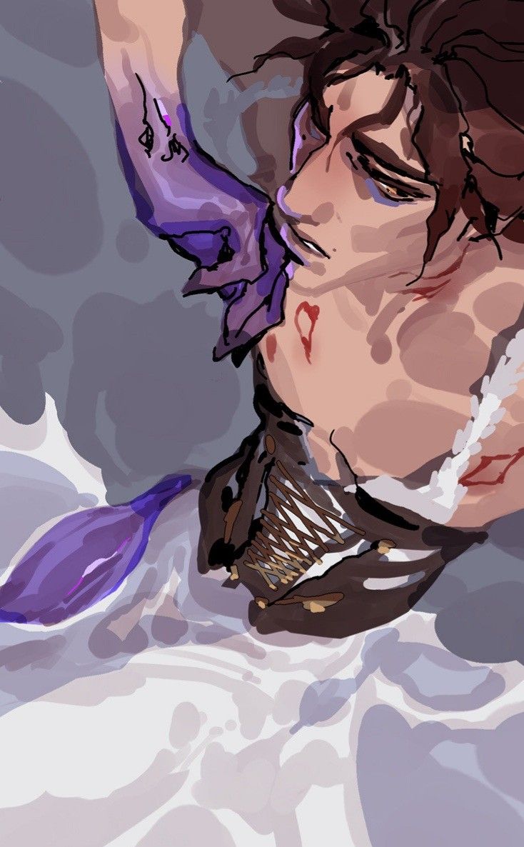 the image is a digital painting or illustration, likely fanart, depicting a young man with dark hair and a pale complexion. he appears injured, with blood visible on his chest and neck. he's dressed in a white, flowing garment with a dark brown corset. a purple, almost otherworldly hand is seen gripping his chin or neck. the overall mood is dark, dramatic, and suggestive of pain or suffering. the style is painterly, with soft brushstrokes creating a sense of texture and emotion.  the composition focuses on the character's face and upper body, creating a close and intimate view. the background is blurry and indistinct, drawing all attention to the central figure.