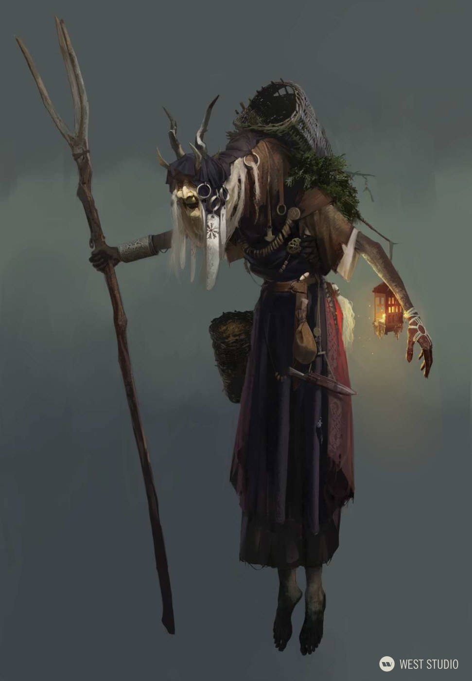 the image showcases a character concept, likely a yokai from japanese folklore, set against a muted green background. the creature, seemingly elderly and gaunt,  is draped in tattered dark clothing and carries a variety of items: a long, forked staff, a woven basket filled with foliage, a small lantern emanating warm light, and a knife sheathed at its hip.  its face, weathered and pale, is partially obscured by long, white hair and adorned with a bonelike ornament. adding to its unsettling presence are two curved horns protruding from its head.