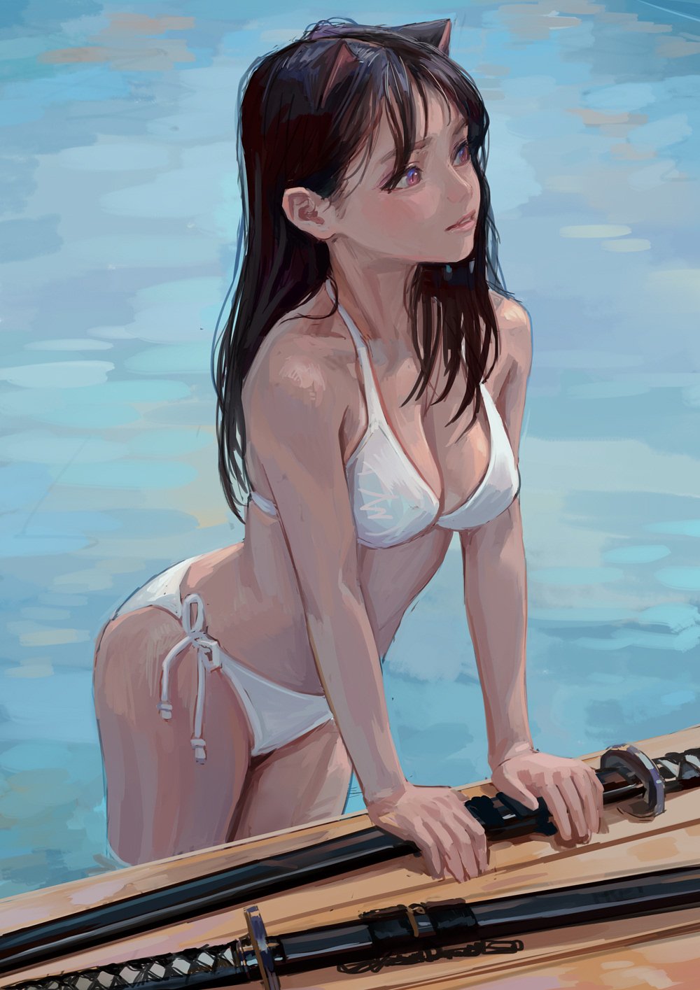 an animestyle painting shows a young woman with cat ears in a white bikini, partially submerged in a pool of water. she is fairskinned with black hair and is looking up and to the right. two katanas or swords rest on the edge of the pool in front of her, she has her hands on them, and is partially leaning on them. the background is a light blue color, suggesting the water and sky. the artwork is detailed, especially in the rendering of the woman's skin, hair, and clothing.