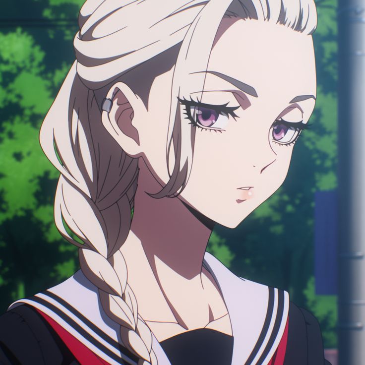 he image shows a closeup portrait of a young anime girl with long, blonde hair styled in a braid. she's wearing a dark school uniform with a red and white sailor collar. her eyes are a striking purple, and she has a calm, almost serene expression. the background is blurry, suggesting an outdoor setting with green trees and sunlight filtering through the leaves. the style is reminiscent of modern anime art, with detailed features and soft shading.