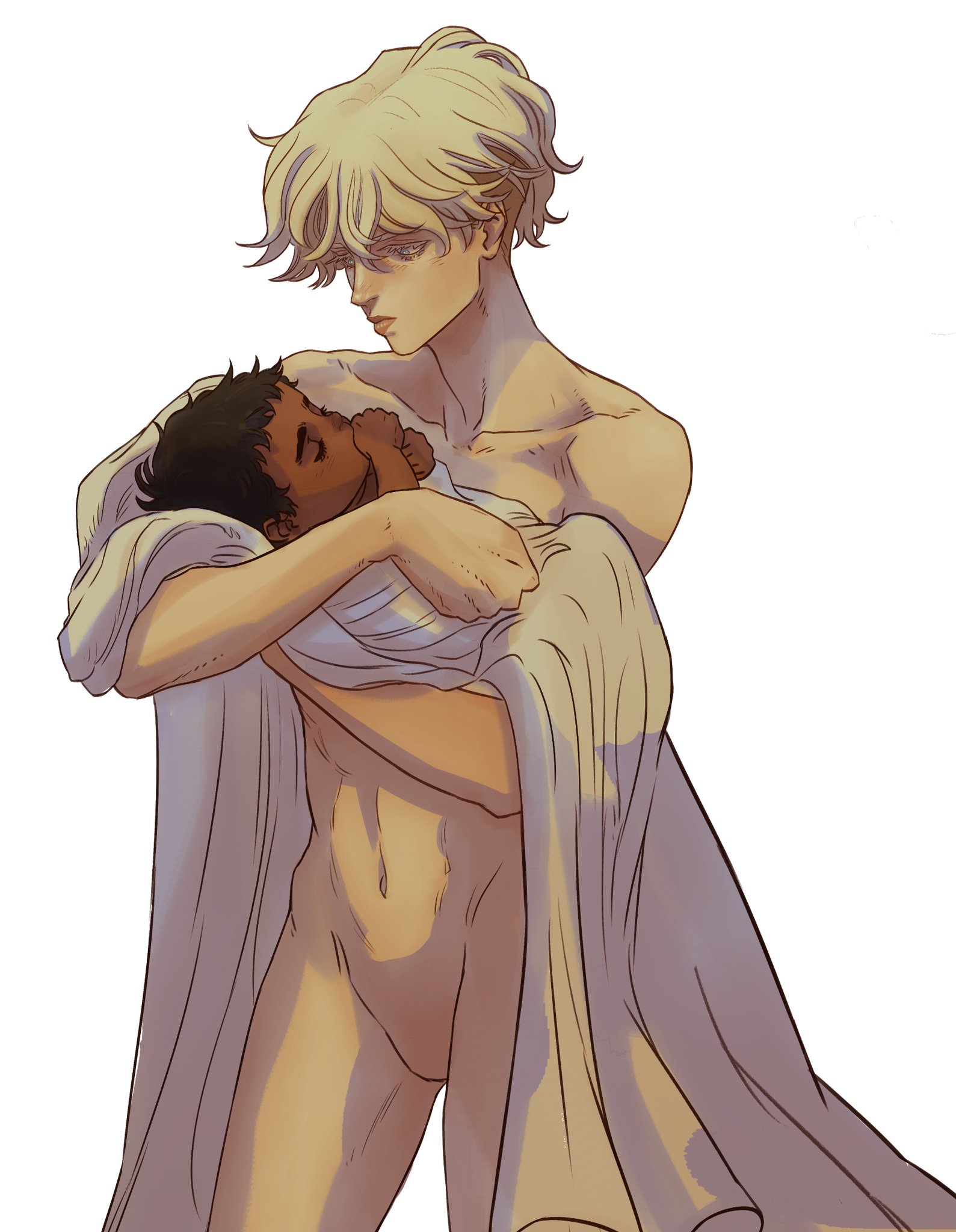 a nude, muscular man with blonde hair is holding a baby with dark skin. they are both wrapped in a white towel, and the man looks down at the baby with a loving expression. the drawing is a simple, yet beautiful illustration of love and protection.