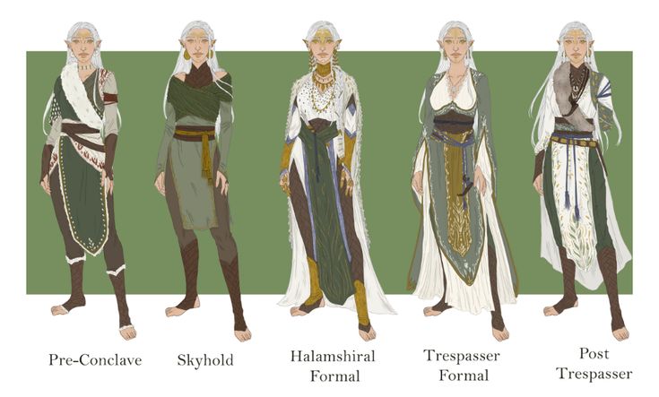 this image features five female elves with different outfits and styles. all of the elves have white hair and are wearing green clothes. each elf represents a different time period in their life. the first elf on the left represents the character preconclave, the second elf represents the character in skyhold, the third elf represents the character in formal halamshiral attire, the fourth elf represents the character in formal trespasser attire, and the fifth elf represents the character post trespasser.