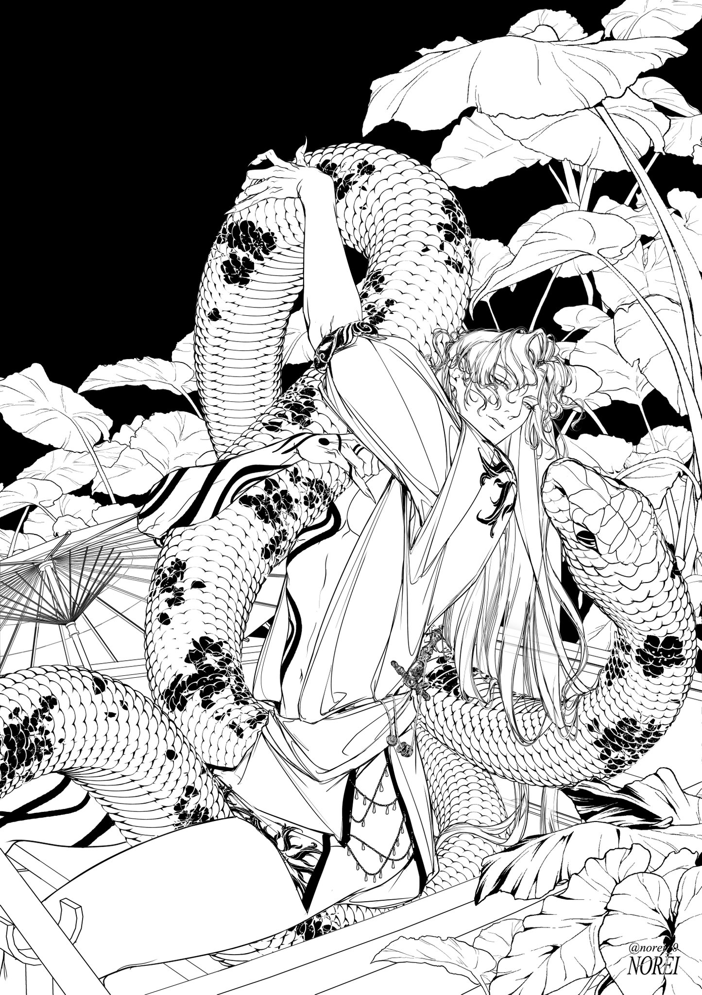 a black and white line art drawing of a beautiful woman with flowing hair, seemingly adorned with a giant serpent. she is posed gracefully against a backdrop of lush foliage and flowing plants. the image evokes a fantastical and magical aesthetic, blending elements of the natural world with mythical creatures. the woman's elegant pose and the intricate details of the snake's scales create a captivating scene that draws the viewer's attention to the beauty and mystery of the art.