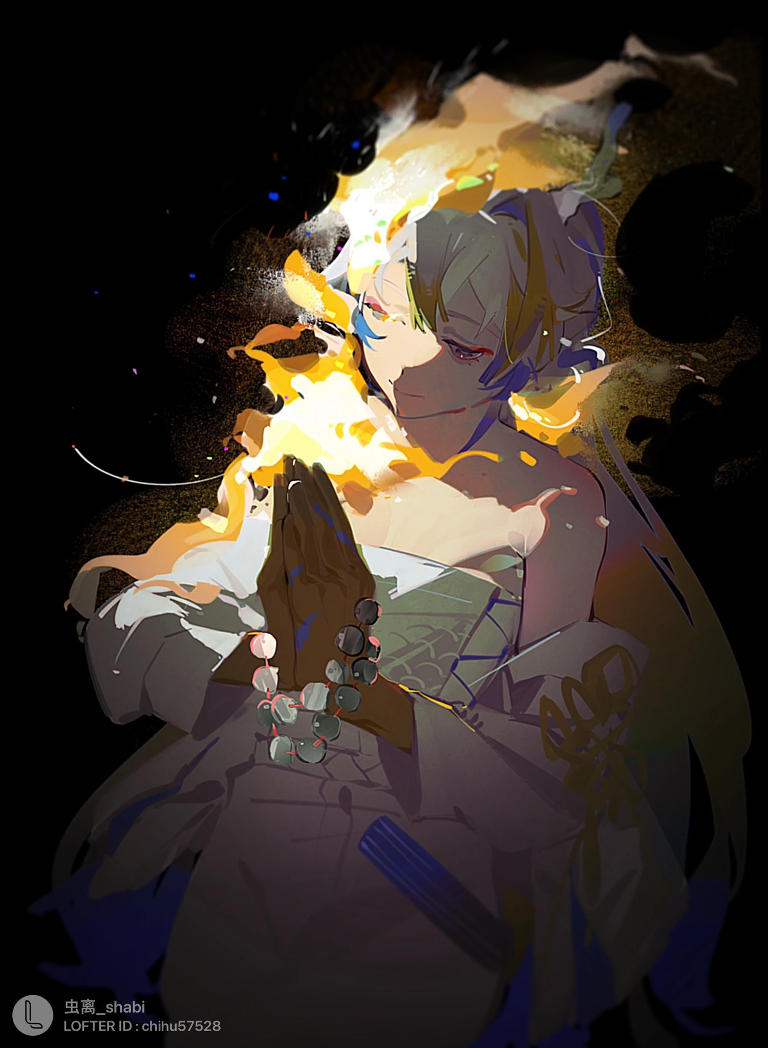 a woman with white hair and glowing eyes is depicted in a prayerlike pose, her hands clasped together. she's surrounded by stylized flames that seem to emanate from her. she wears a white garment with hints of blue accents, resembling traditional clothing. the background is dark, creating a stark contrast with the glowing fire and drawing attention to the woman.