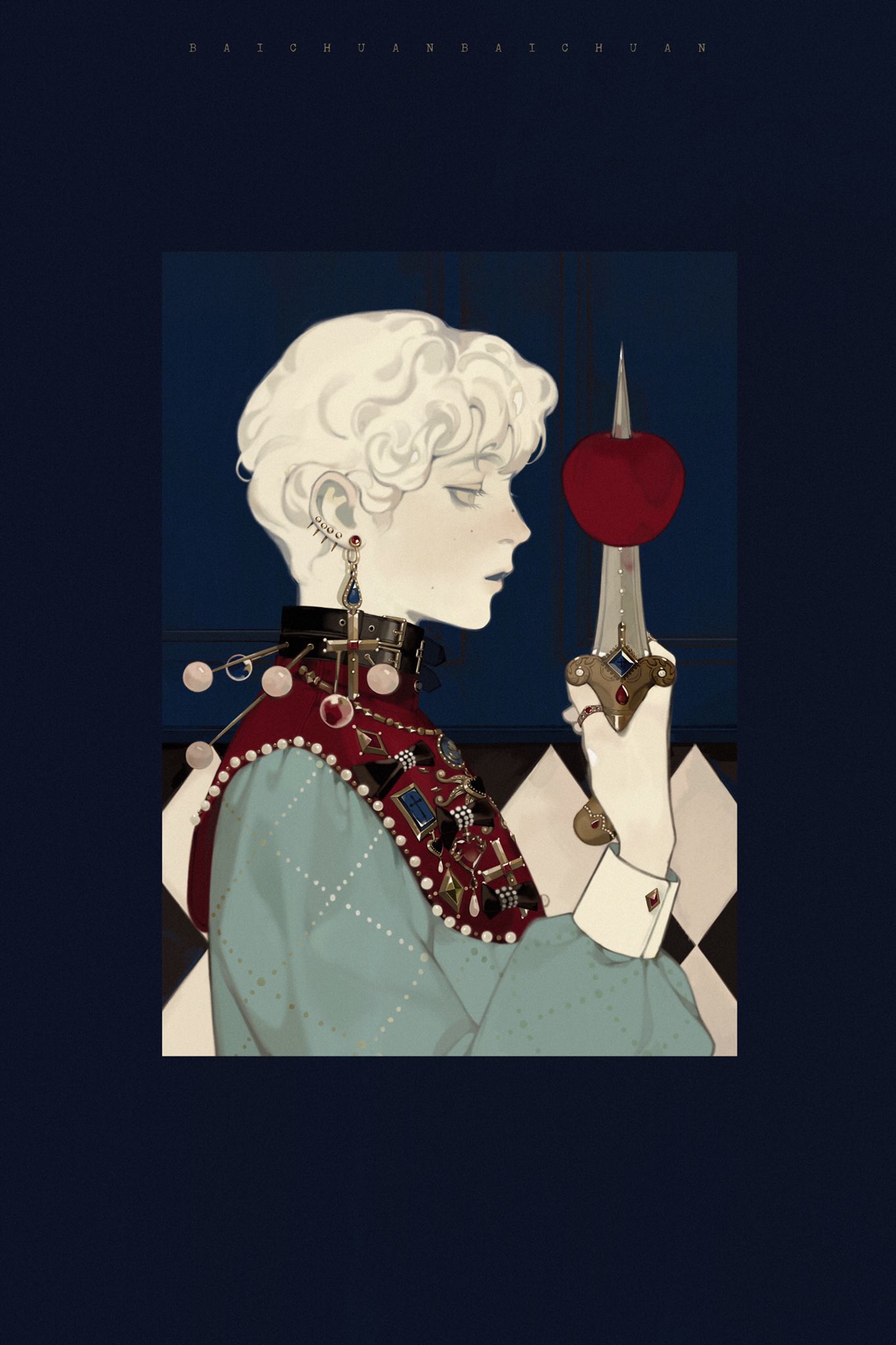 a digital illustration of a  handsome, young man with white hair and blue eyes  wearing a red and blue patterned outfit with detailed jewelry including a gold necklace with a cross pendant, gold earrings, and a black choker. the character is holding a redhandled knife, standing in a room with a black, white, and red tiled floor.  the image has a dark and  dramatic atmosphere.