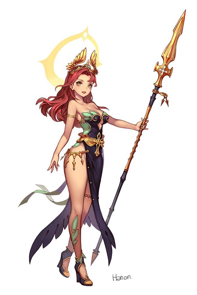 he image showcases a digital illustration of a female warrior standing confidently against a stark white backdrop. she is clad in an intricate outfit, a blend of black and green fabric that reveals her toned physique.  the warrior's attire hints at a fantasy setting, possibly a goddess or a highranking figure. her fiery red hair flows freely, contrasting with her soft, fair skin.  she accessorizes with gold accents on her attire and a crownlike headpiece.  her weapon of choice, a long, ornate spear with gold detailing, rests confidently in her hand. the illustration style is sleek and polished, utilizing a soft lighting scheme that emphasizes her features and the details of her attire. the overall composition evokes a sense of power and elegance.