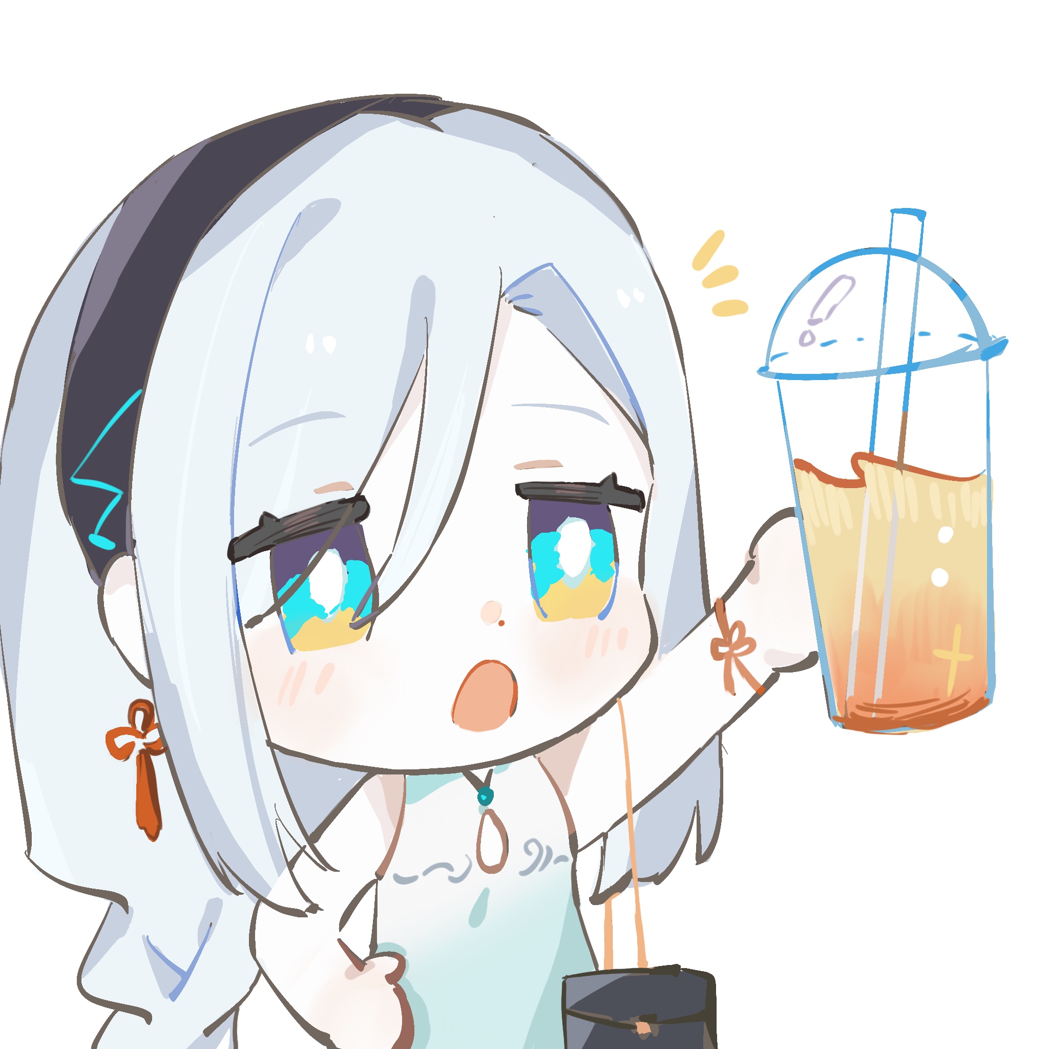a cute cartoon anime girl with white hair and big blue eyes is holding up a cup of boba tea. she looks very happy and excited to have the drink.  the girl is wearing a white dress with a blue trim and a red bow.