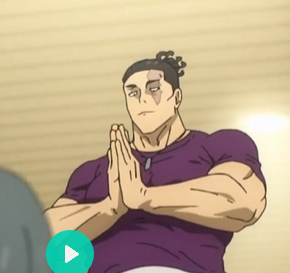 a cartoon man with exaggerated muscles is sitting in a room, facing forward, with his hands pressed together in front of him. he is wearing a purple tshirt and appears to have a scar or burn on his left cheek. the scene is softly lit, creating a calm atmosphere. the image is cropped to show the man's upper body, suggesting a closeup perspective.