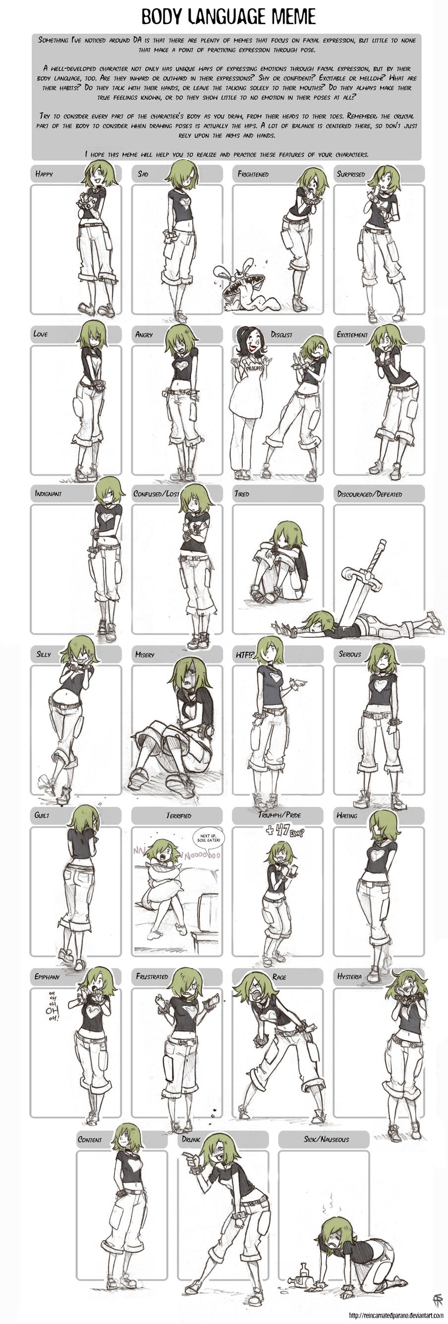 the image is a black and white drawing template titled "body language meme". it features a grid of 30 identical female figures, each positioned in a different pose. the poses are intended to convey a range of emotions and body language, from confident and happy to sad, angry, and scared. each pose is contained within a rectangular box, ready for artists to use as a base for their own character drawings.  the background is white and the line art is black with gray shading.