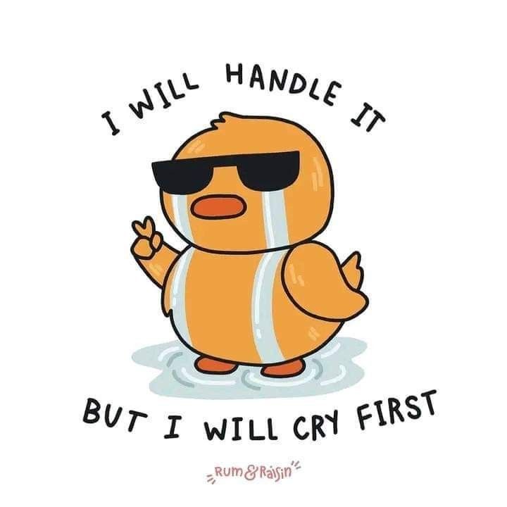 an illustration of an orange bird wearing sunglasses and crying. the text reads "i will handle it" at the top and "but i will cry first" at the bottom. the illustration is signed "rum & raisin". the bird is giving a peace sign.