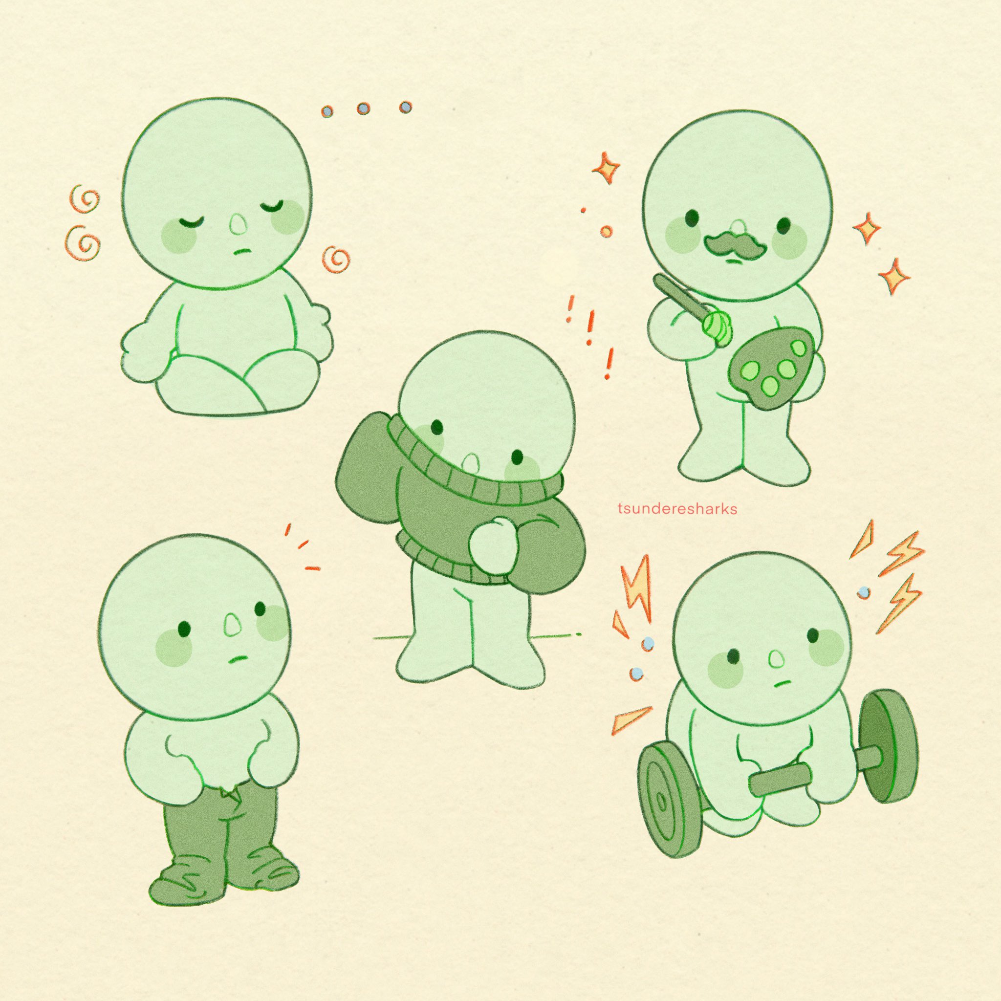 he image shows six cute, simple green bloblike cartoon characters in various poses and expressions.  the style is minimalist and pastel.  one is meditating, one is painting, one is wearing a sweater and looks surprised, one looks tired, one is lifting weights, and one looks relaxed. each character has a simple, round head and body, with minimal features. the background is a pale cream color.  the style is consistent throughout the image, maintaining a consistent palette and level of detail.  a watermark/artist signature is present ("tsunderesharks").