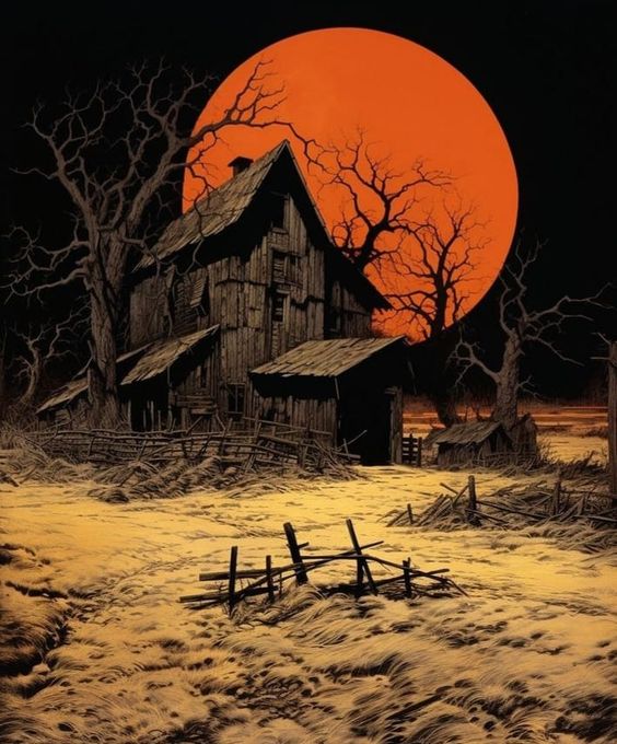 a dilapidated, ominouslooking house stands in the foreground, bathed in the eerie orange glow of an oversized full moon. the house is weathered and partially boarded up, suggesting it's abandoned.  barren trees with twisted branches frame the scene, their silhouettes stark against the moon. a rickety fence leads towards the house, adding to the spooky atmosphere. the ground is covered in what appears to be sand or snow, contributing to the overall sense of desolation.