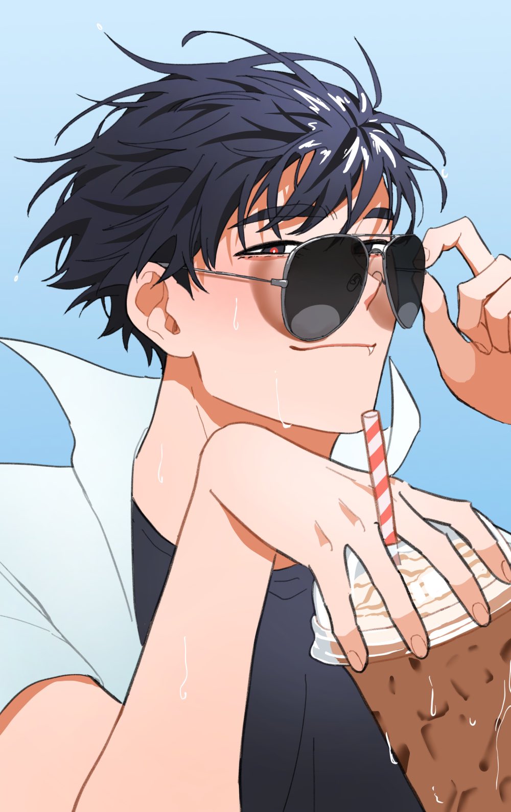 this is a digitally drawn image of an anime/manga boy. he has dark blue hair and brown eyes. he is wearing a white shirt, a black tank top, and sunglasses. he is holding a cup of iced coffee with a straw and is looking to the side with a cool, carefree expression. he looks like he is enjoying a summer day.  he is sweating a bit which suggests he is hot.  the overall style is stylish and trendy.  the image has a bright, cheerful color palette.  the background is a gradient of blue and white.