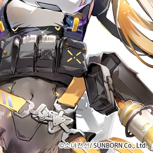the image showcases a closeup illustration of a female character, likely from a video game or anime, donning tactical gear. the art style is vibrant and detailed, emphasizing the character's futuristic attire and weaponry. she sports a predominantly black and gray outfit with striking yellow accents. a utility belt with various pouches and a distinctive triangular buckle is prominently displayed. the focus on the character's midsection highlights her prepared and potentially battleready stance.