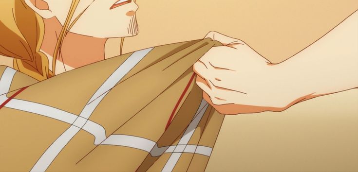a blonde anime character with a red stripe down her brown plaid blanket is being pulled up by a hand.  the hand is reaching in from the right.  the character appears to be grabbing on to the blanket.  the character's expression looks distressed.  the background is light brown.