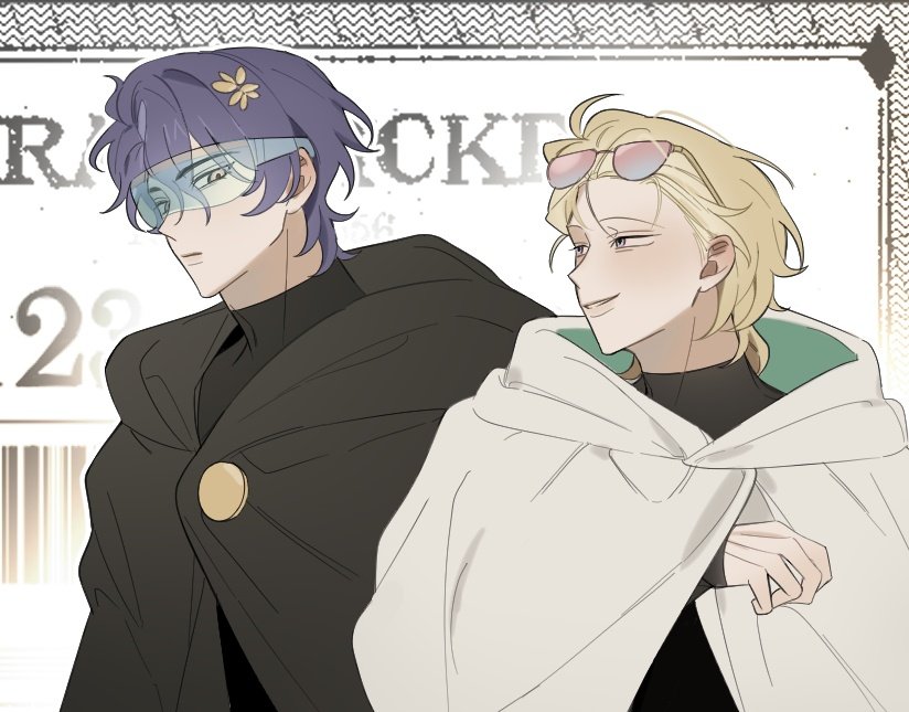the image is an illustration or drawing, likely from a manhwa or anime source, showcasing two male characters.  one character has purple hair, a flower ornament in his hair,  and is wearing a dark, long cloak with a high collar and light blue goggles. he has a serious expression. the second character has blond hair, is wearing a large, lightcolored hooded cloak and sunglasses. he has a softer, almost smiling expression.  both characters are positioned close to each other against a background featuring a stylized, partially visible ticket or document with numbers (22) visible. the art style is clean and modern, with subtle shading and line work.