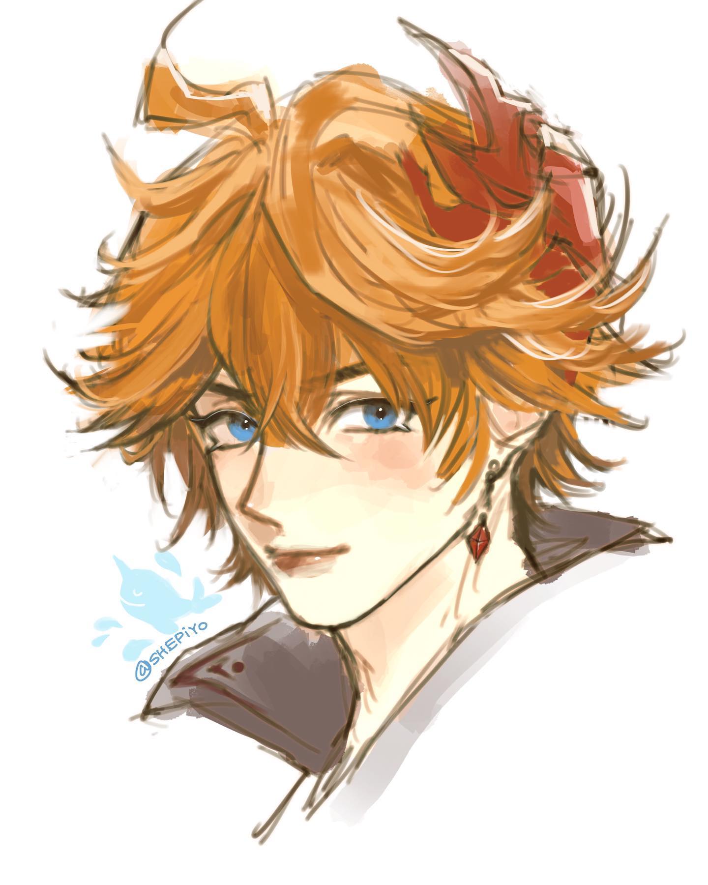the image is a digital fanart depicting a male anime character. he possesses bright orange, slightly messy hair styled in a dynamic fashion, with hints of a red accessory nestled within it. his eyes are a striking blue, and he wears a small, red heartshaped earring. the character's expression is gentle and charming, suggesting a calm and possibly kind personality.  the art style is loose and expressive, emphasizing soft shading and light coloring. the overall aesthetic is elegant and artistic, reminiscent of manga or anime illustration styles. a watermark with the artist's handle "@shepiyo" is subtly visible on the artwork.
