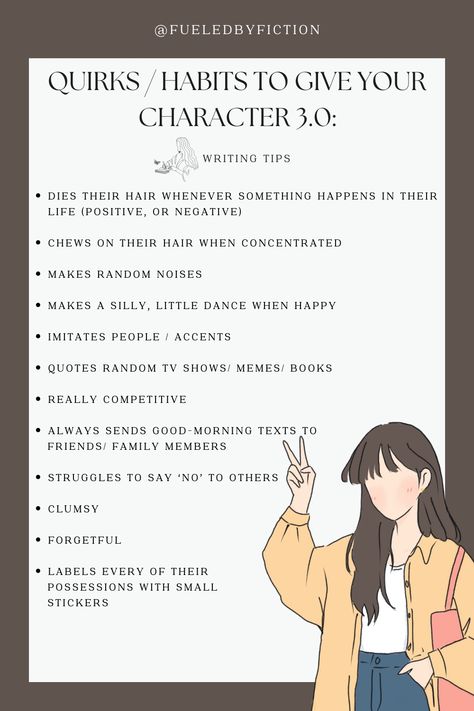 a list of character quirks & habits with an illustration of a girl on a pink background.