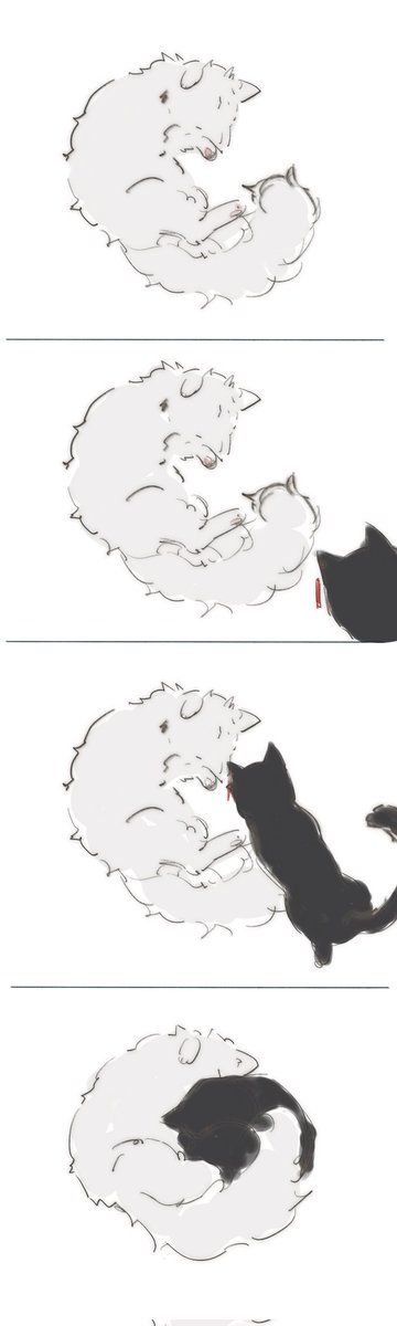 this is a cartoon illustration of a white fluffy dog and a black cat cuddling each other in four different poses. the art is done in simple line art style.