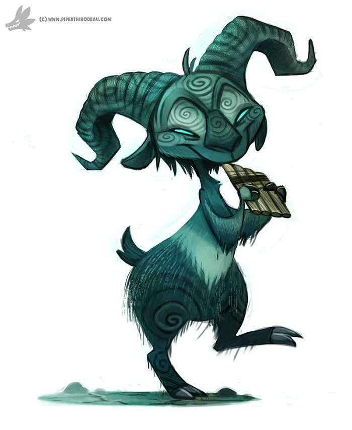 a whimsical cartoon illustration depicts a stylized goatlike creature with prominent, swirling horns. the creature, rendered in shades of blue and green, has a face adorned with spiral patterns. it stands upright and plays a pan flute. the style is reminiscent of fantasy art.