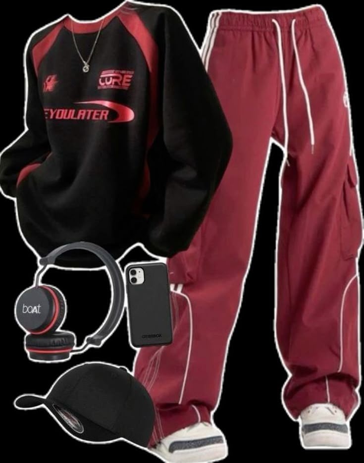 a collage of clothing items and accessories. there is a black and red sweatshirt with the words "core" and "eyoulater" printed on it, a necklace, red joggers with white stripes, white sneakers with grey accents, black headphones with a red ring, a black cell phone in a black otterbox case, and a black baseball cap.